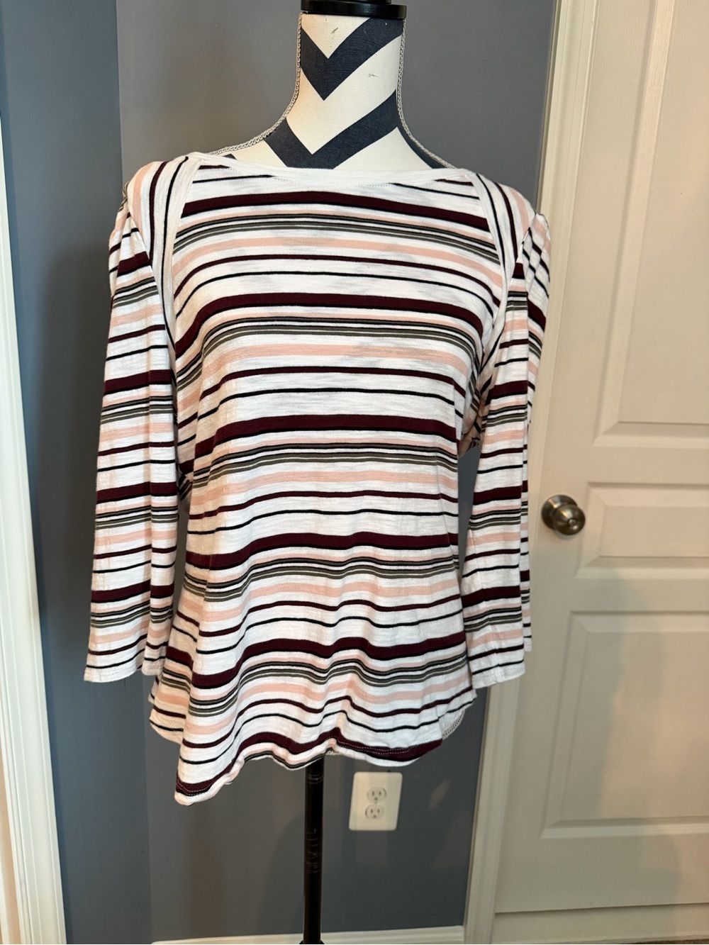 White House Black Market Striped Long Sleeve Top in White, Pink and Burgundy
